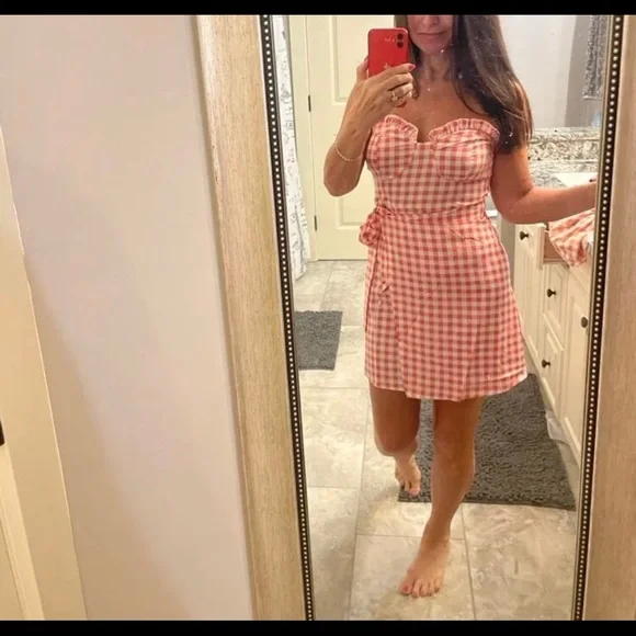 Gingham Frill Trim Wrap Knot Side Tube Dress - Picture 4 of 4